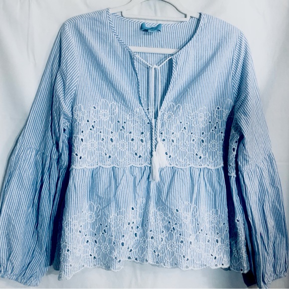 CeCe Eyelet Embroidered Boho Blouse Sz L Tassel Tie  Coastal Grandma Prairie - Picture 1 of 12